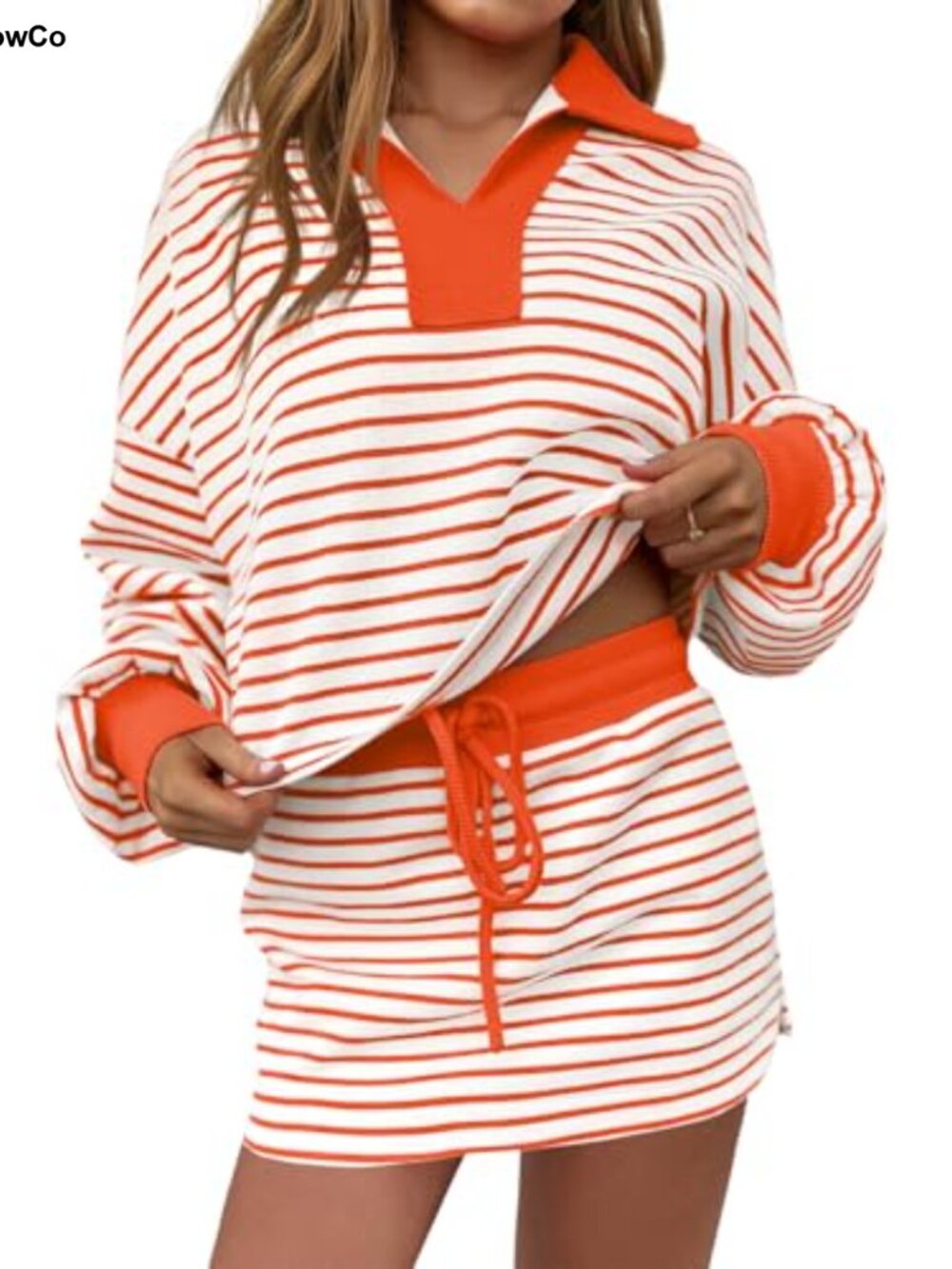 Fisoew Women's Striped 2-Piece Lounge Set Long Sleeve Sweatshirt & Skort